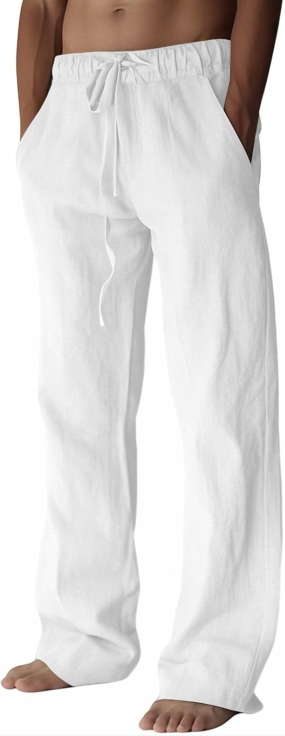 Men cotton linen pants, elastic waist drawstring, lightweight, wide leg loose design