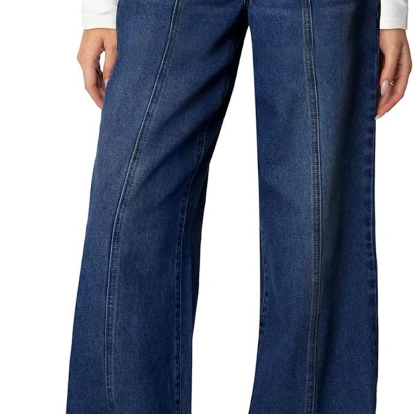 Women Wide Leg Jeans High Waisted Stretchy Straight Leg Jeans Trendy Seamed Front Loose Denim Pants