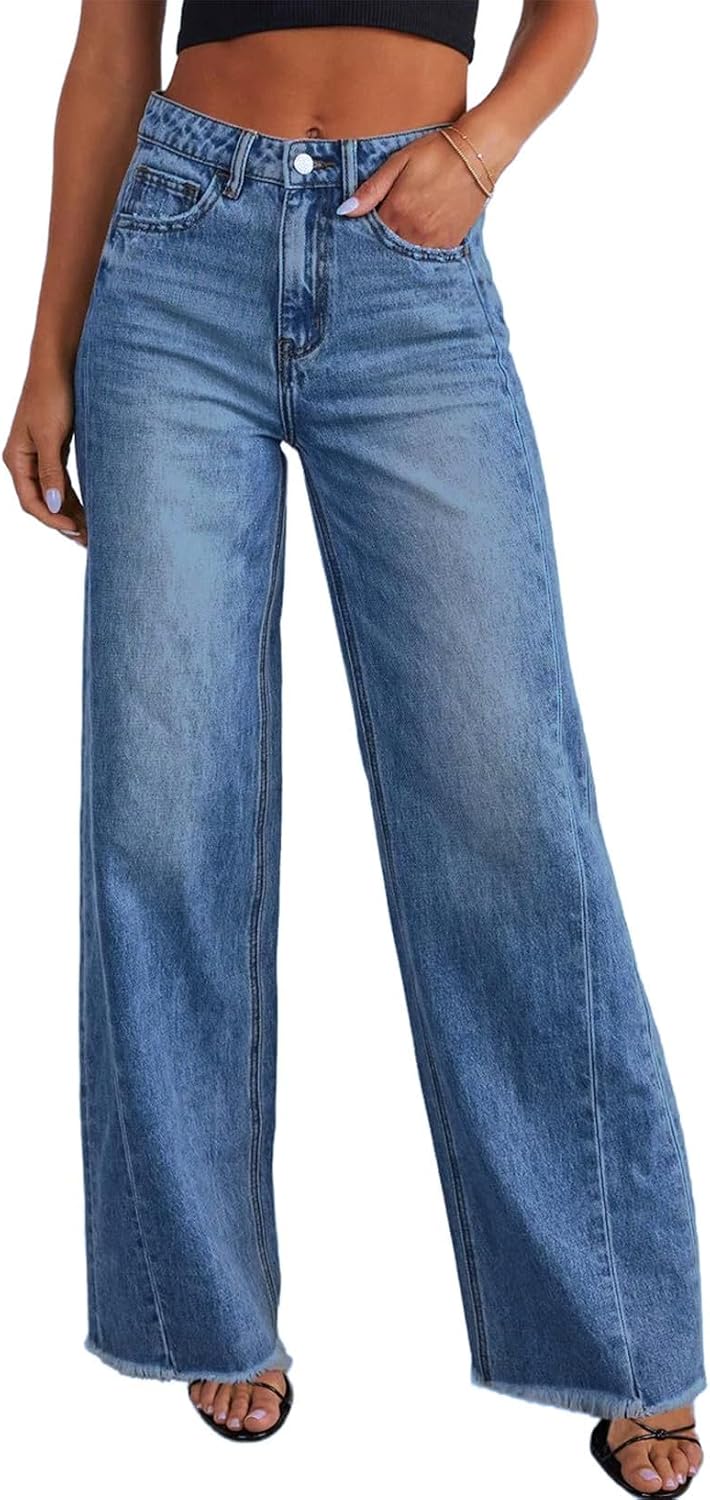 Women Wide Leg Jeans High Waisted Stretchy Raw Hem Denim Pants