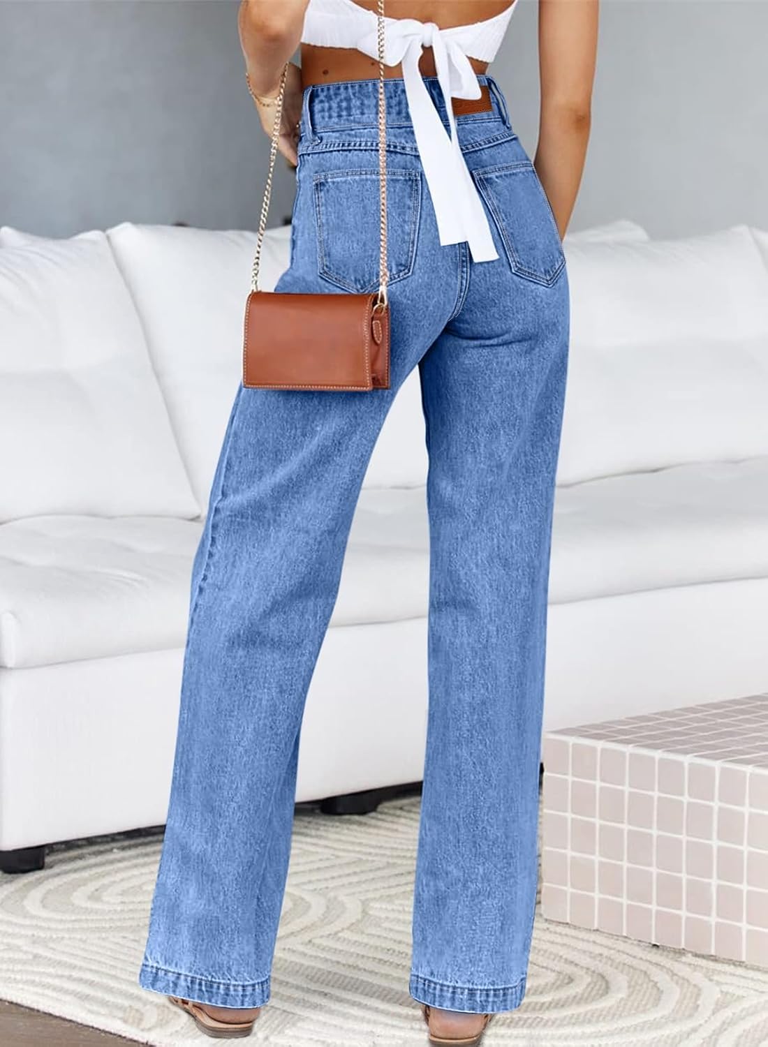 Women Jeans High Waisted Straight Leg Stretchy Jeans Trendy Loose Wide Leg Denim Pants with Pockets Image 2