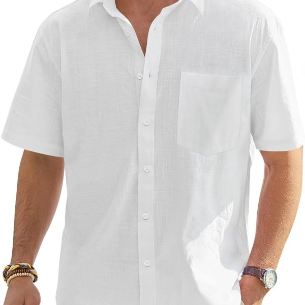 Cotton Linen Short Sleeve Lightweight Button Down Shirt with Pocket