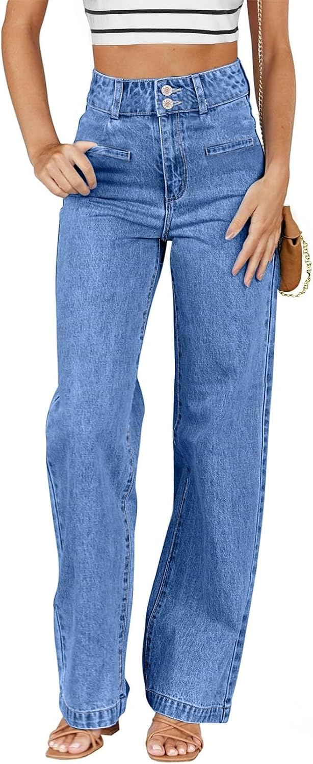Women Jeans High Waisted Straight Leg Stretchy Jeans Trendy Loose Wide Leg Denim Pants with Pockets