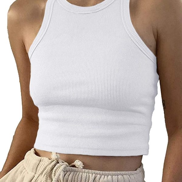 Women Casual Basic Sleeveless High Neck Rib Knit Y2k Crop Tank Top